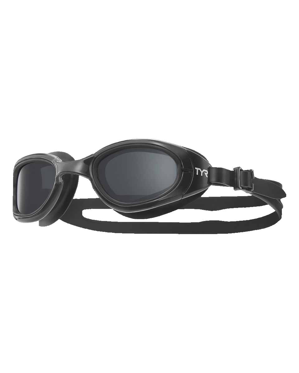 TYR Special Ops 2.0 polarized goggles with smoke and black frame, featuring adjustable straps and a sleek design for swimming.