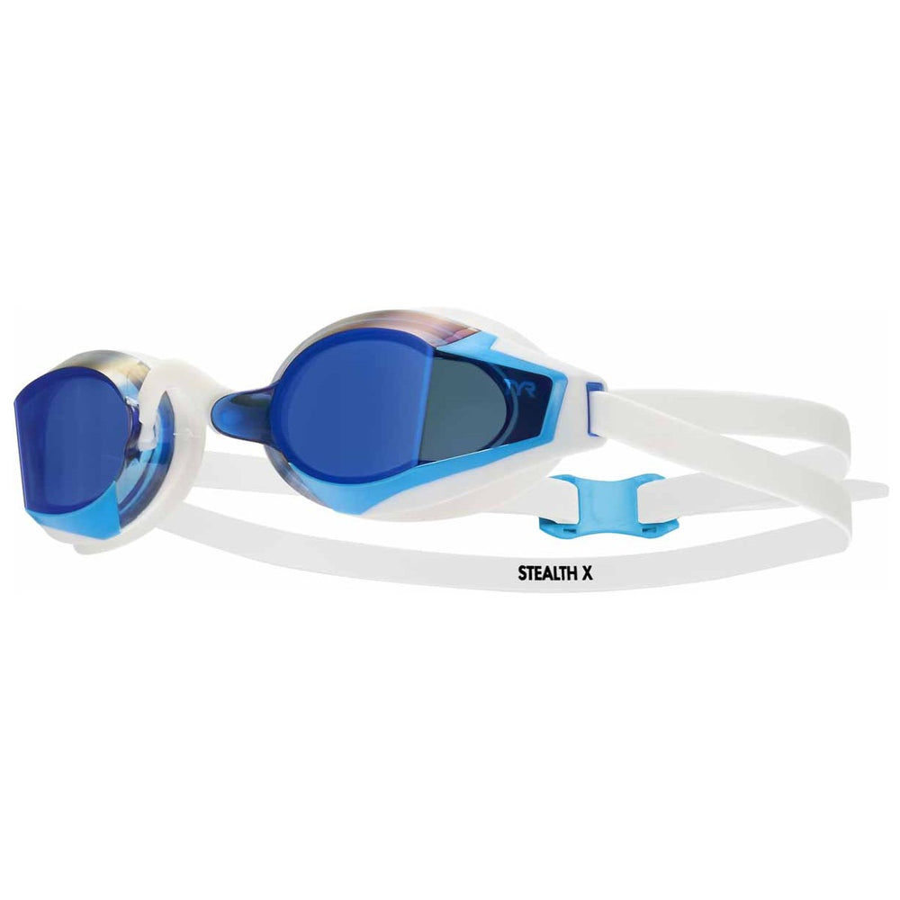 Blue and white TYR Stealth-X Mirror Racing Goggles with reflective lenses, designed for competitive swimming.