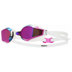 TYR Stealth-X Mirror Racing Goggles in pink and white with mirrored lenses, designed for competitive swimming.