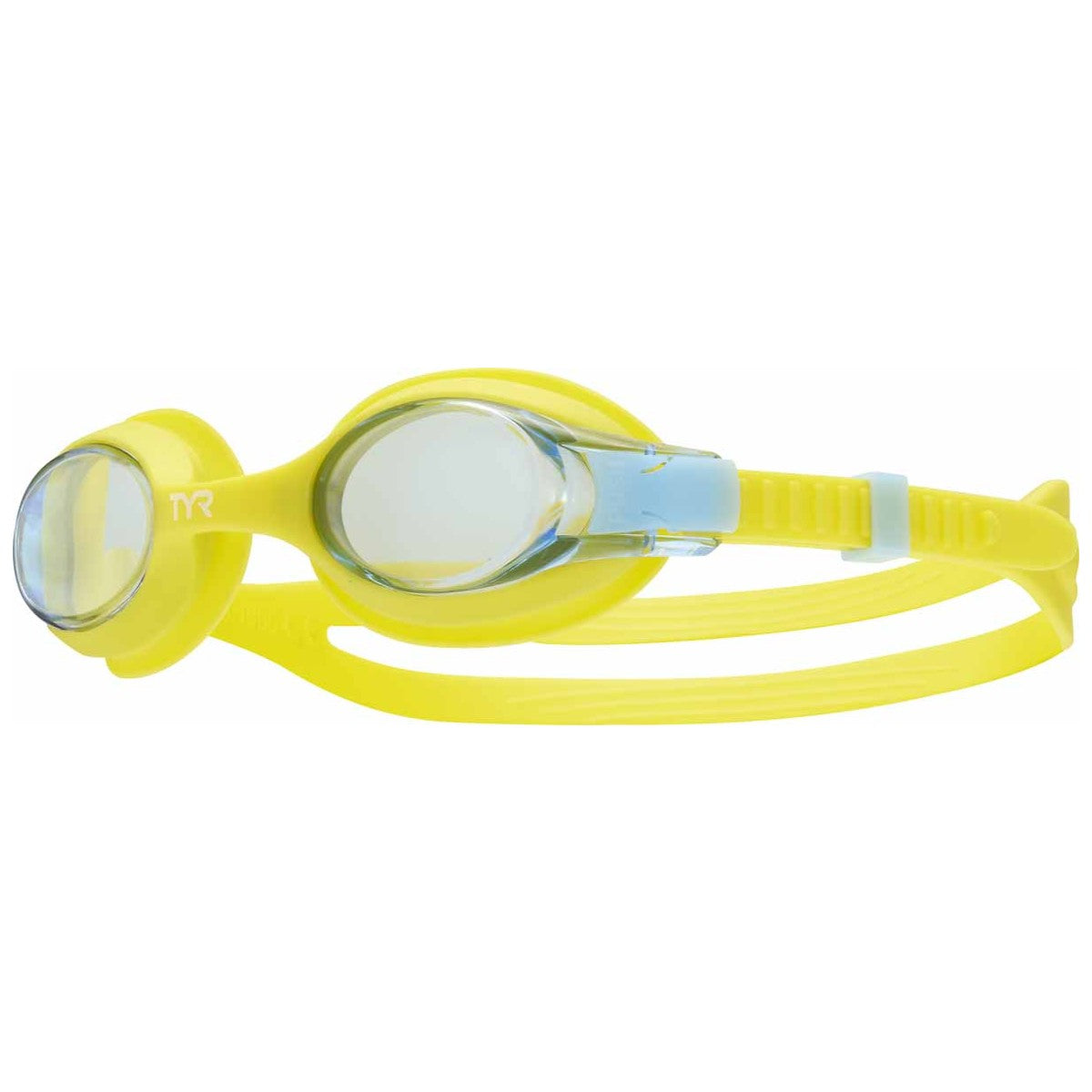 TYR Junior Swimple goggles in yellow and blue with adjustable straps, designed for swim training and recreational swimming.