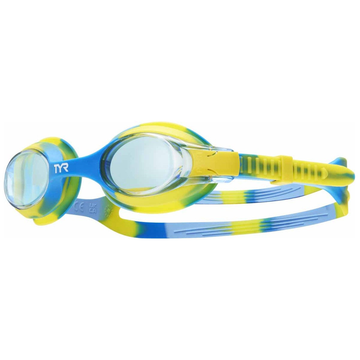 TYR Junior Swimple tie-dye goggles in blue, green, and yellow with adjustable straps and clear lenses for kids' swimming.