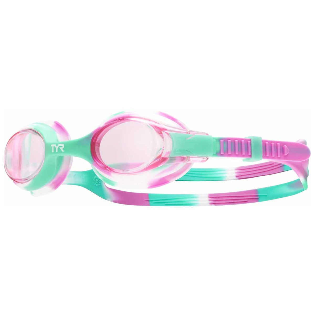 TYR Junior Swimple tie-dye goggles in pink and mint with adjustable straps and clear lenses, suitable for young swimmers.