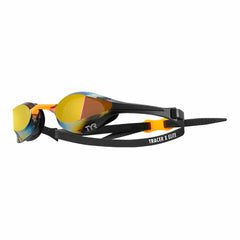 TYR Tracer-X Elite mirror racing goggles in gold, orange, and black with reflective lenses and adjustable strap.