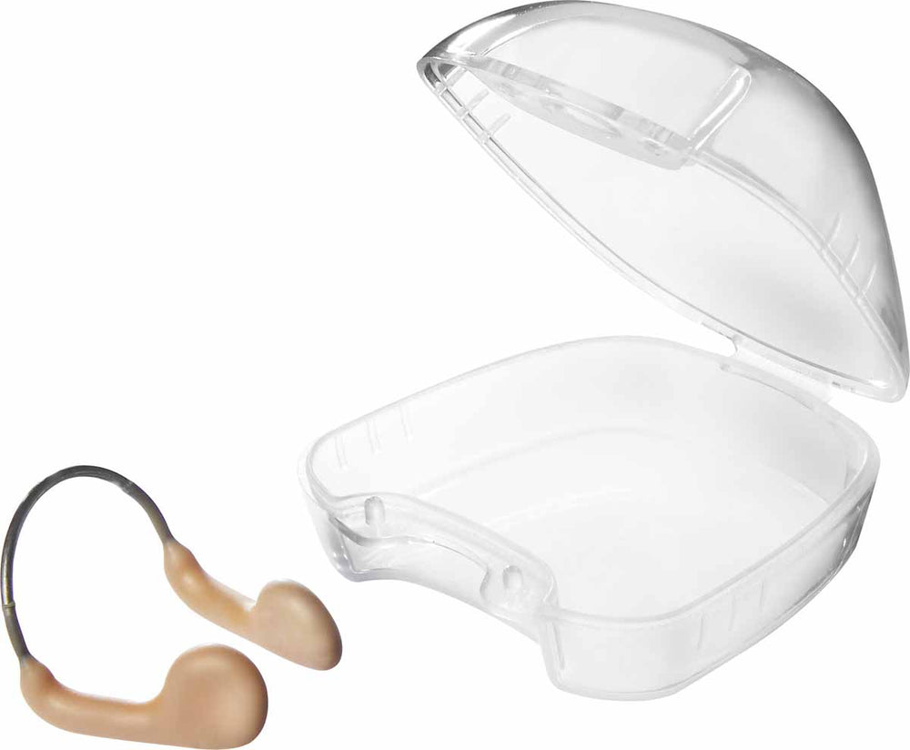 Beige TYR nose clip for swimming, designed to fit comfortably and keep water out during aquatic activities.