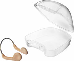 Beige TYR nose clip for swimming, designed to fit comfortably and keep water out during aquatic activities.