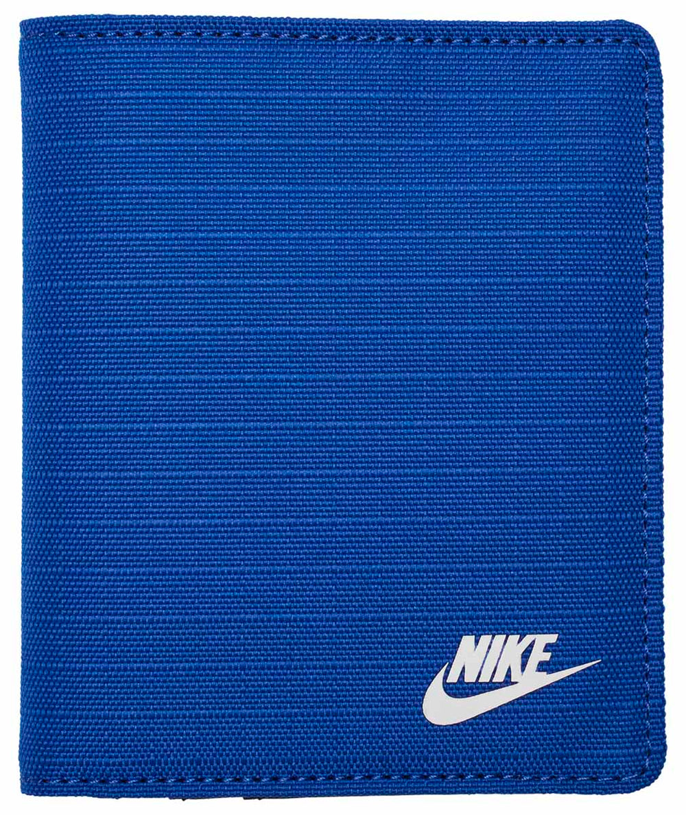 Nike Club Fold Wallet in Game Royal, black and white with Nike logo, showing multiple card slots and fold-over design.