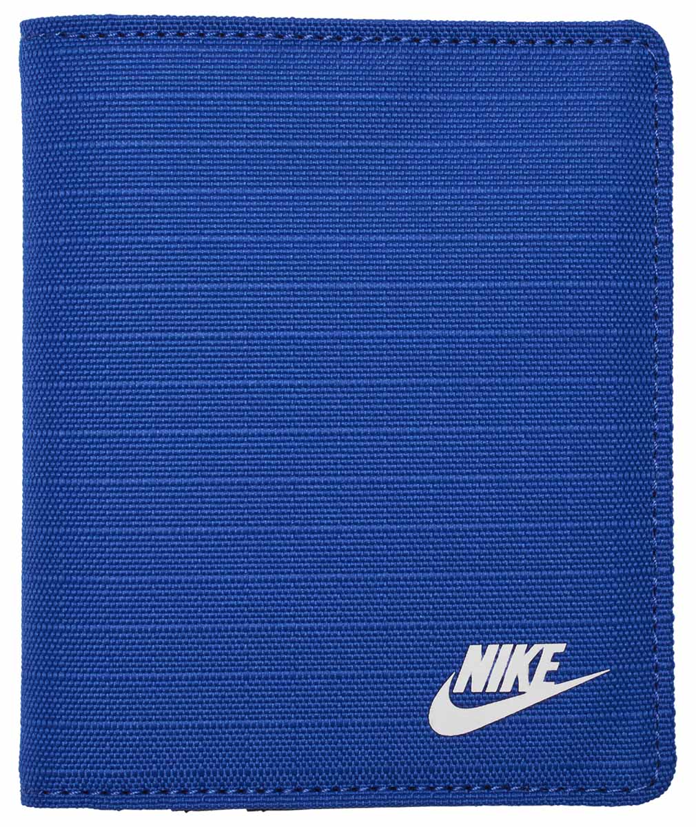 Nike Club Fold Wallet in Game Royal, black and white with Nike logo, showing multiple card slots and fold-over design.