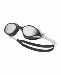 Nike Flex Fusion Pro Mirror Goggles in black and white, featuring a sleek design with mirrored lenses for swimming.