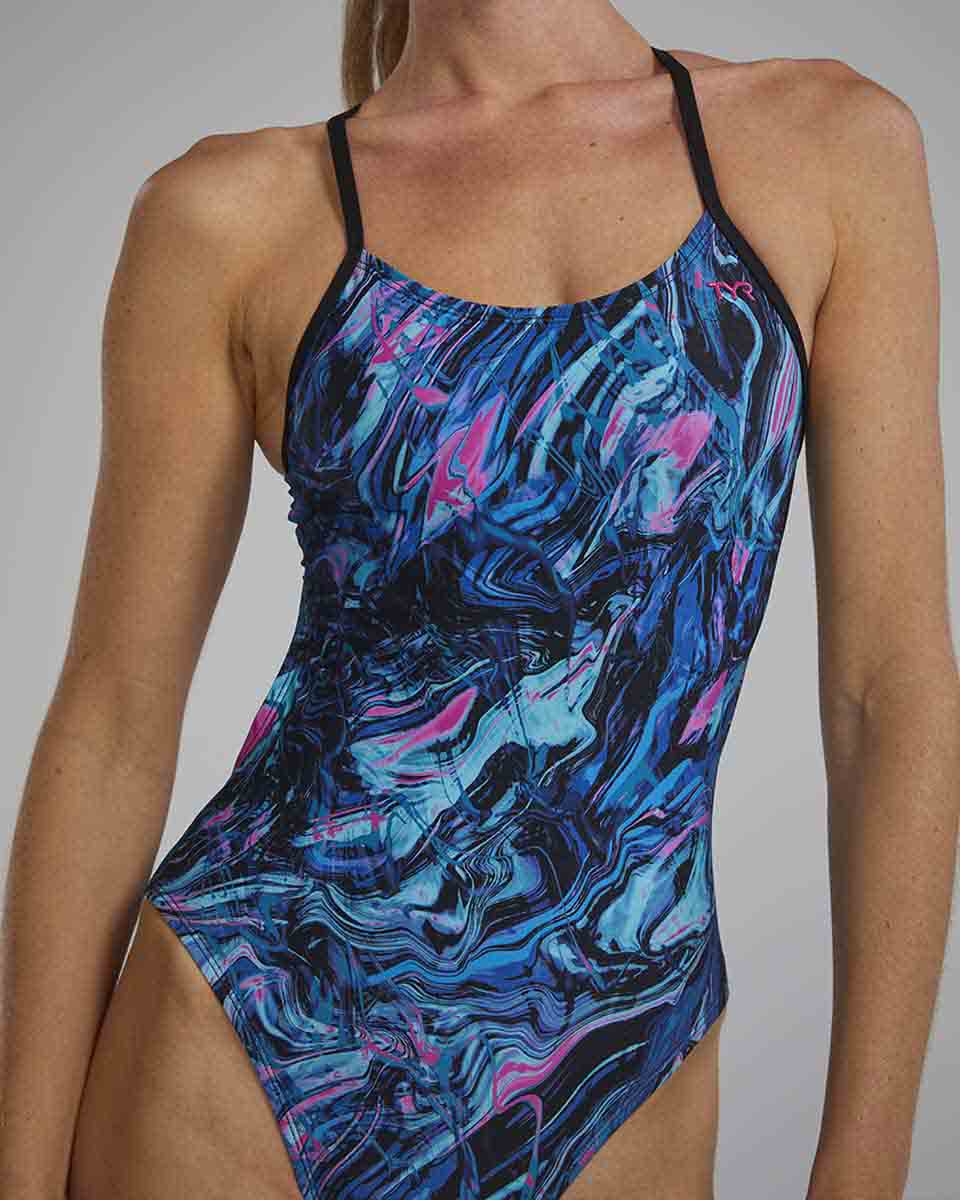 TYR women's Marmaris cutout swimsuit in blue and pink featuring a stylish design and supportive fit, ideal for swimming and beachwear.