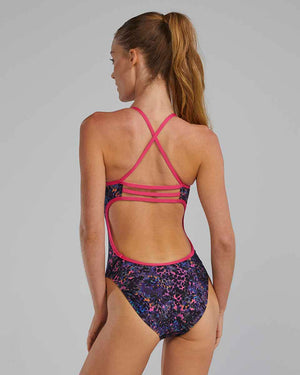 TYR Women's Stipple Trinityfit swimsuit in Petunia, featuring a sleek design and sporty fit, perfect for swimming or water activities.