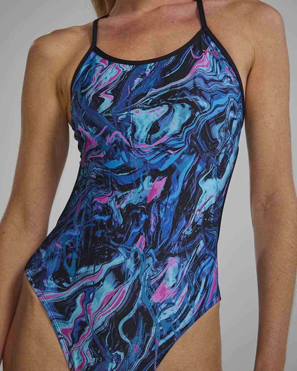 TYR Womens Marmaris Crosscutfit tieback swimsuit in blue and pink, featuring a sleek design and supportive fit for swimming.
