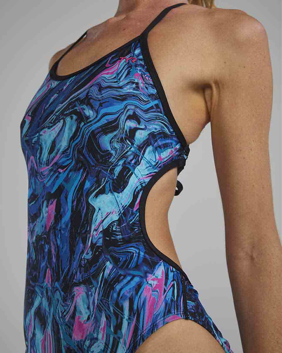 TYR Women's Marmaris Crosscutfit tieback swimsuit in blue and pink, featuring a sleek design and supportive fit.