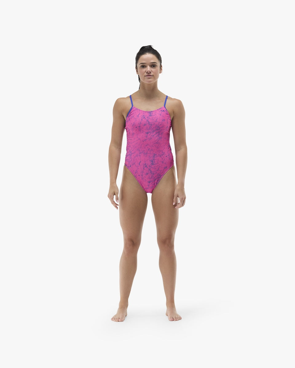 TYR Womens Zephyr Cutoutfit Swimsuit in pink and royal blue, featuring a stylish cutout design and sleek fit for swimming.