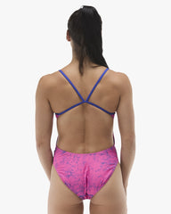 TYR Womens Zephyr Cutoutfit pink and royal swimsuit with stylish cutouts, designed for active swimming and beachwear.
