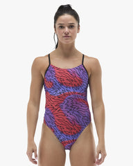TYR women's Hodori cutout swimsuit in orange and purple, featuring sleek design and sporty style, ideal for swimming and beachwear.