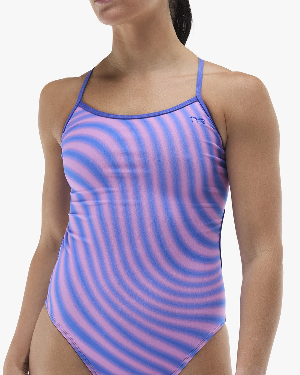 Blue and pink TYR women's Bezold Trinityfit swimsuit with sleek design and supportive fit, ideal for competitive swimming.