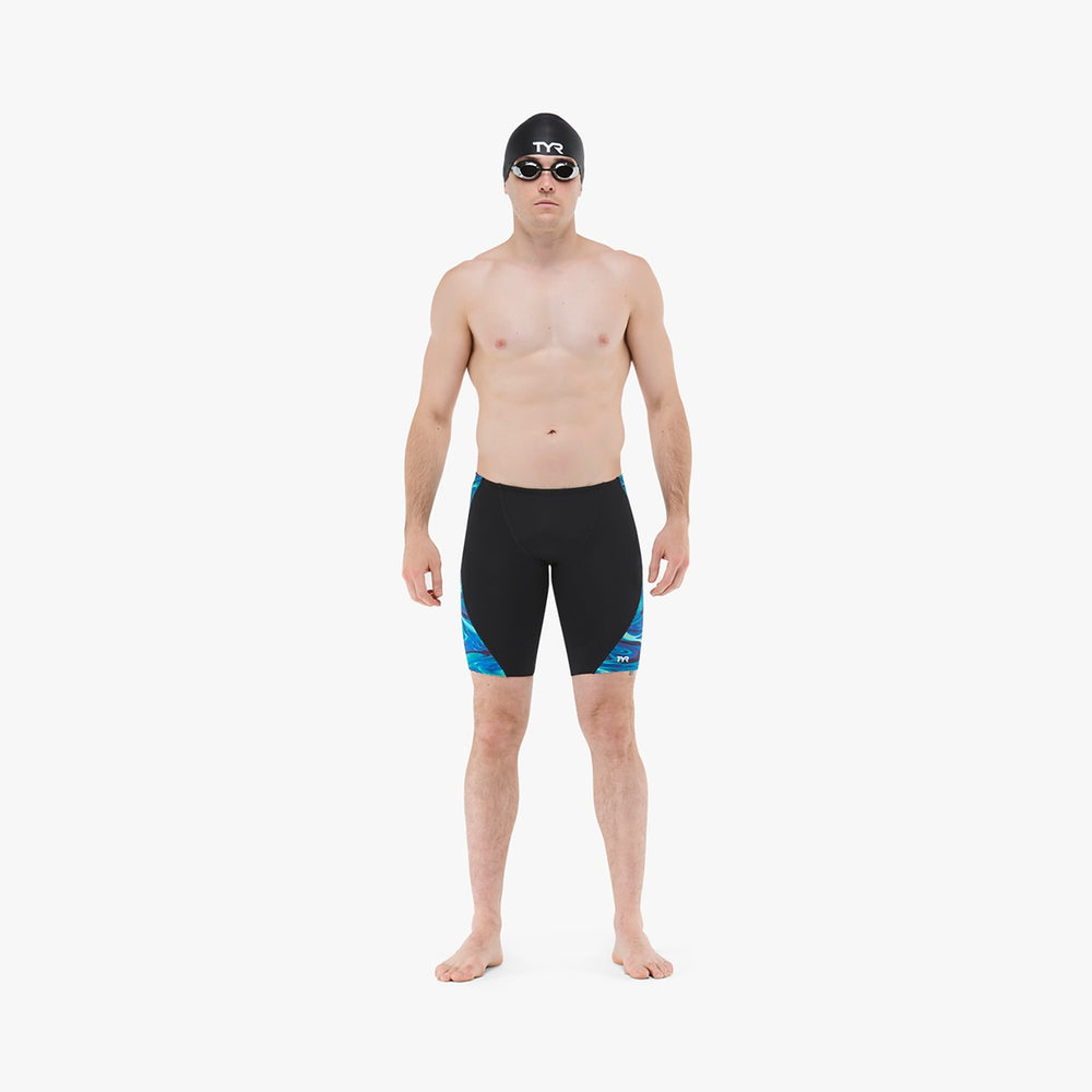 TYR men's Olea jammer swimwear in blue and green with a sleek fit, designed for competitive swimming and training.