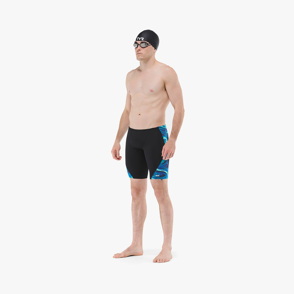 TYR men's Olea jammer in blue and green, showcasing a sleek swimwear design with a comfortable fit and vibrant color pattern.