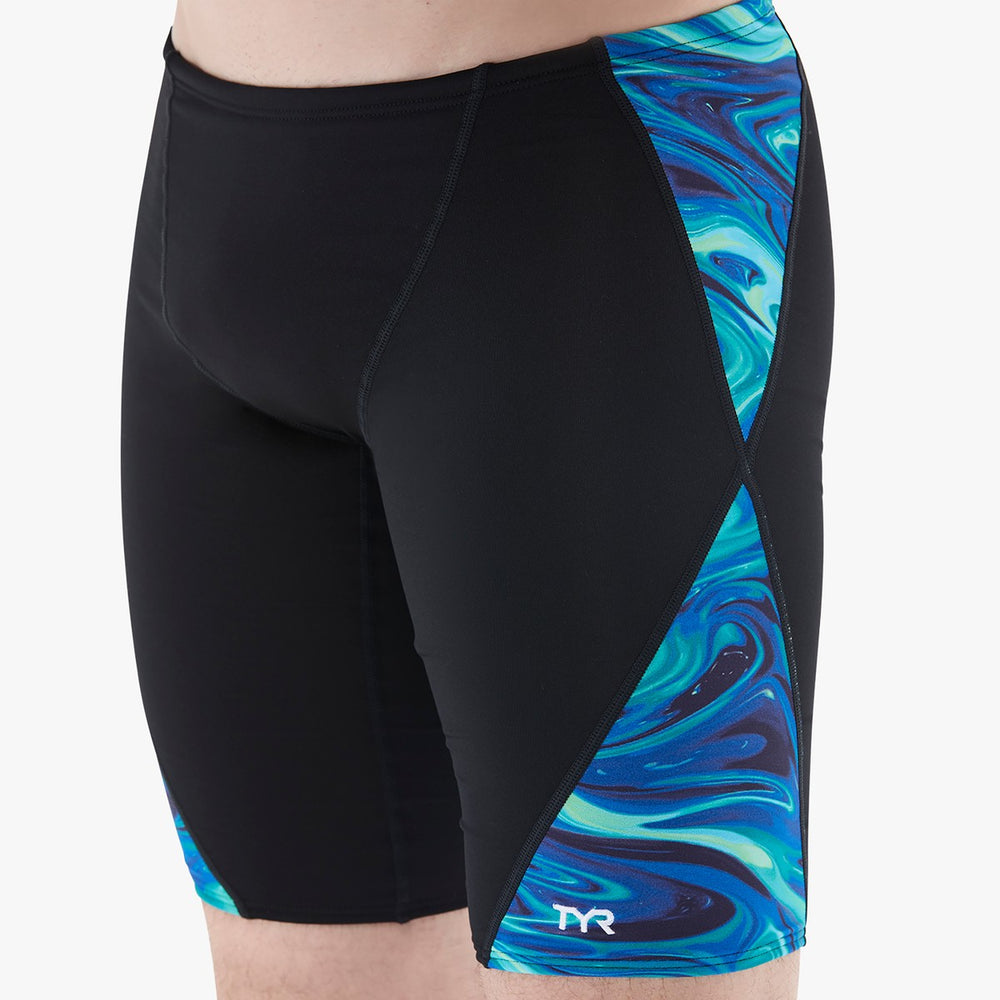 TYR men's Olea jammer swimwear in blue and green, featuring a sleek design for competitive swimming or training.