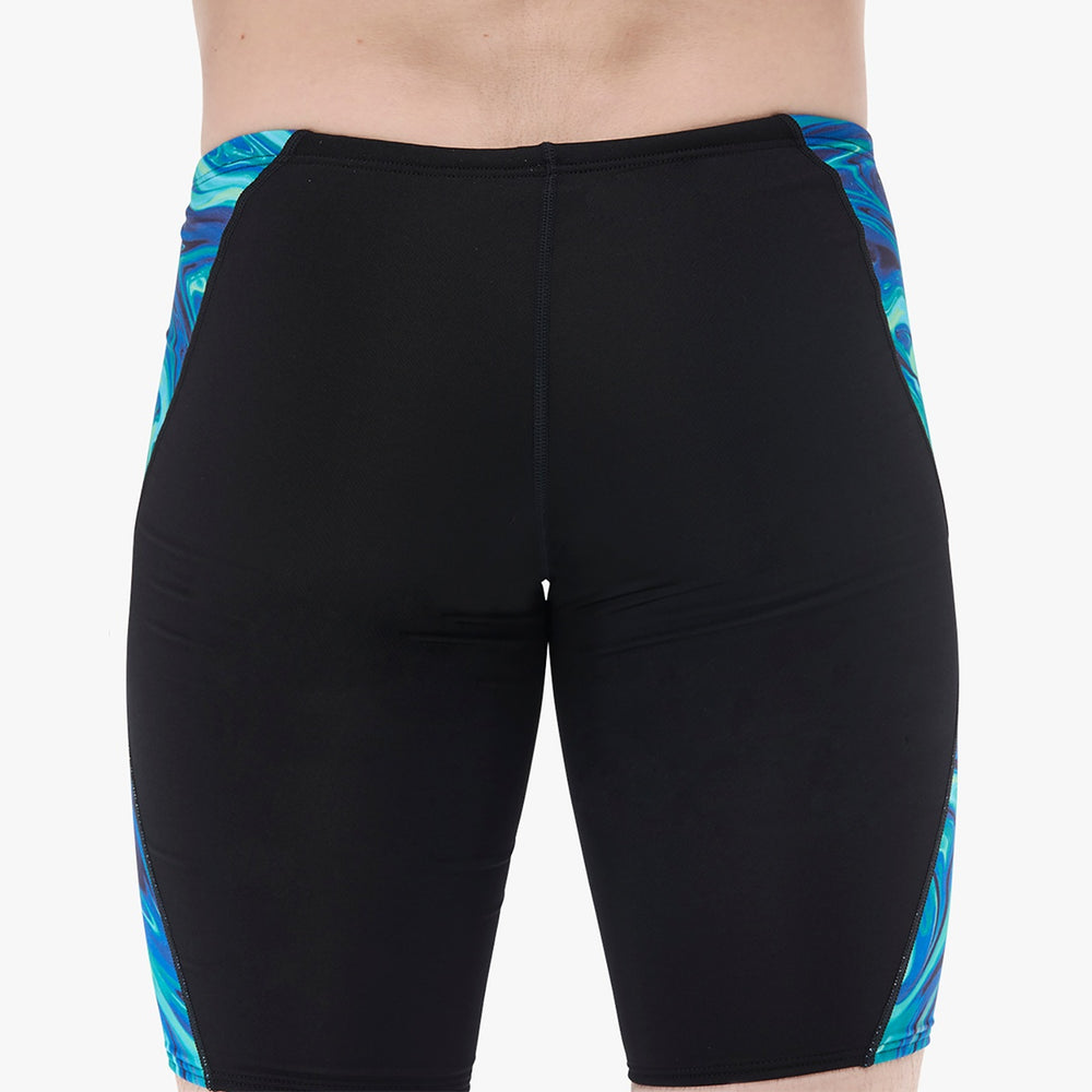 Blue and green TYR men's Olea jammer swimming trunks displayed on a mannequin.