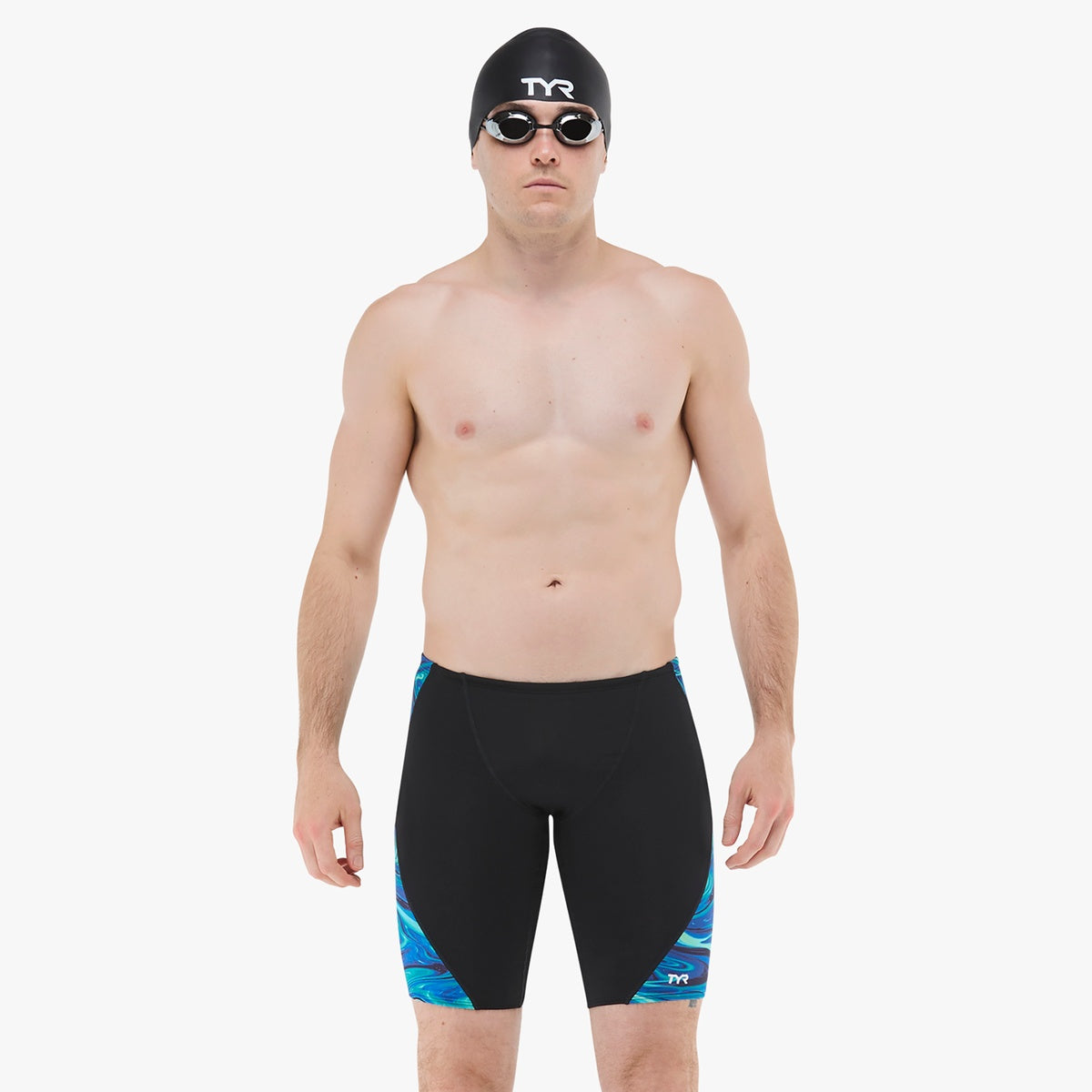 TYR men's Olea jammer swimming trunks in blue and green with a fitted design for competitive and training swimwear.