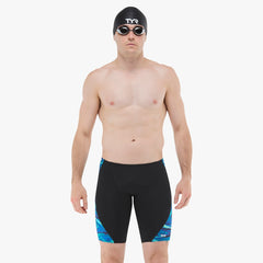 TYR men's Olea jammer swimming trunks in blue and green with a fitted design for competitive and training swimwear.