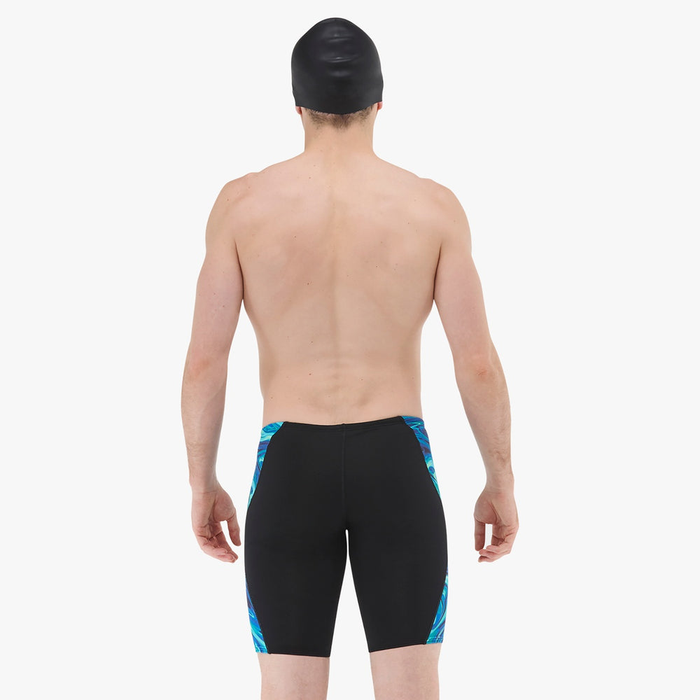 TYR men's Olea jammer swimwear in blue and green with a streamlined fit, designed for competitive swimmers.
