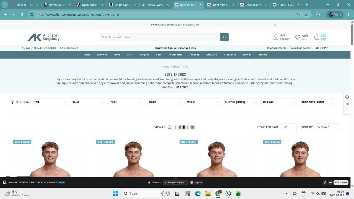 Screenshot showing Allens Swimwear Test Bundle product options and details on a digital interface.