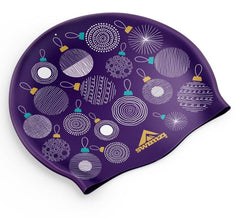 Swimzi Christmas purple baubles swim cap for women, featuring festive purple bauble designs, made of waterproof material.