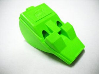 Green Acme Thunderer T2000 whistle, a classic metal signal whistle with a smooth finish, designed for sports and safety use.