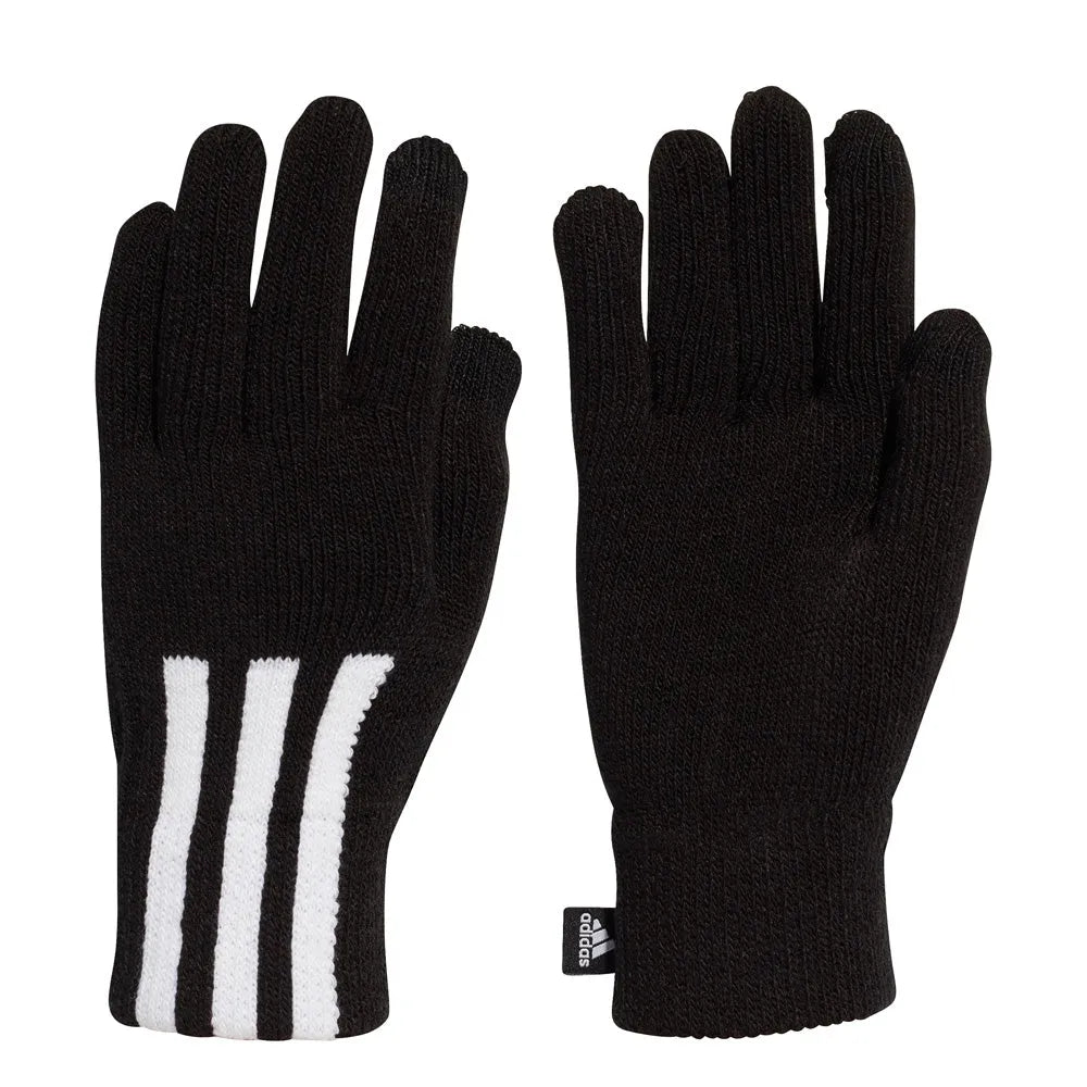 Black Adidas 3-Stripes Conductive Gloves, designed for warmth and touchscreen use, shown on a model's hands.