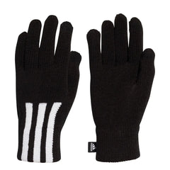 Black Adidas 3-Stripes Conductive Gloves, designed for warmth and touchscreen use, shown on a model's hands.