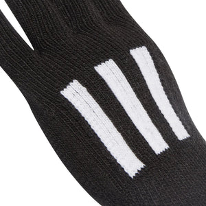 Black Adidas Three Stripes Conductive Gloves showing the textured fabric and branding on the wrist area.