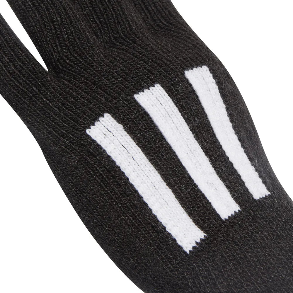 Black Adidas Three Stripes Conductive Gloves showing the textured fabric and branding on the wrist area.
