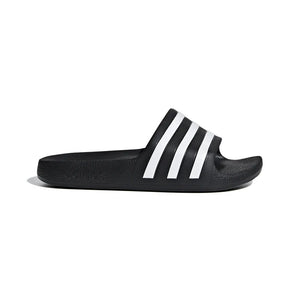 Black and white Adidas Adilette Aqua slides with sporty design, perfect for casual wear and poolside comfort.