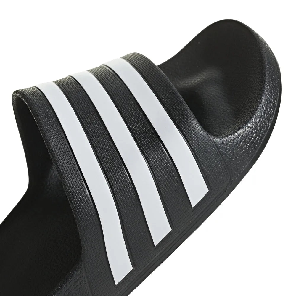 Black Adidas Adilette Aqua Slides with sporty design, perfect for casual wear and water activities.