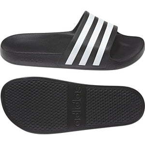 Black Adidas Adilette Aqua Slides worn on feet, showcasing casual slip-on design perfect for sports and beachwear.