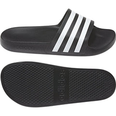 Black Adidas Adilette Aqua Slides worn on feet, showcasing casual slip-on design perfect for sports and beachwear.