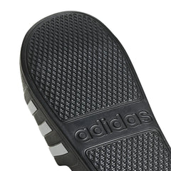 Black Adidas Adilette Aqua Slides with sporty design, featuring the iconic Adidas logo and comfortable slip-on style.