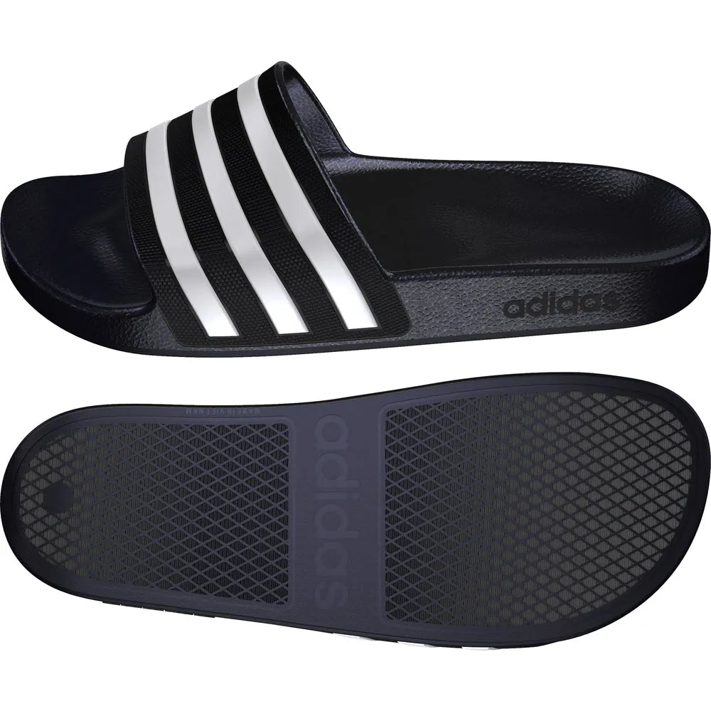 Black Adidas Adilette Aqua Slides on a white background, showcasing the casual slide sandal with sporty design.