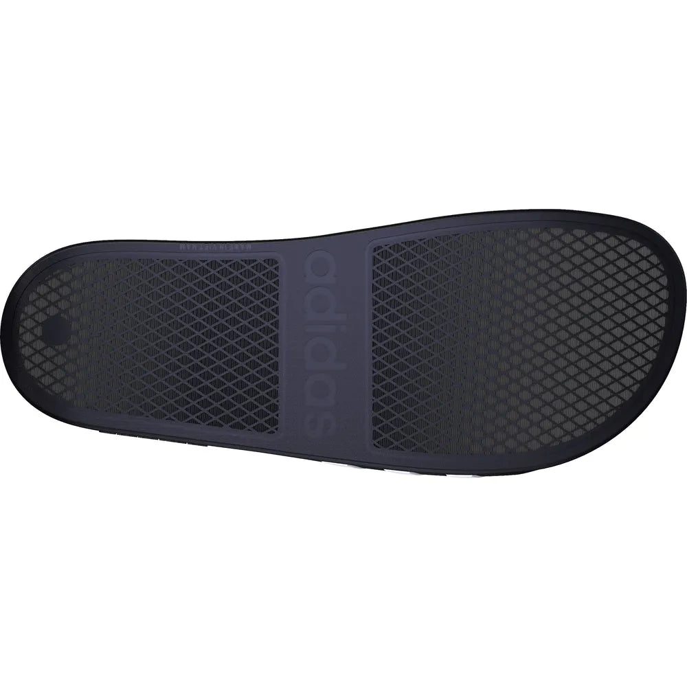 Black Adidas Adilette Aqua Slides, casual slip-on sandals with textured footbed and adjustable strap, perfect for summer wear.