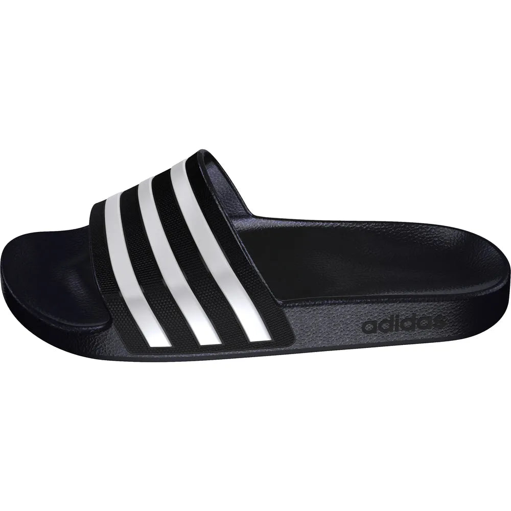 Black Adidas Adilette Aqua Slides worn with sports socks, comfortable slip-on footwear for casual and aquatic activities.