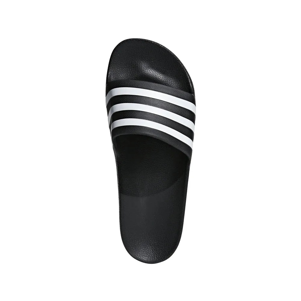 Black Adidas Adilette Aqua Slides on a white background, showcasing the sporty slip-on design and comfortable rubber sole.
