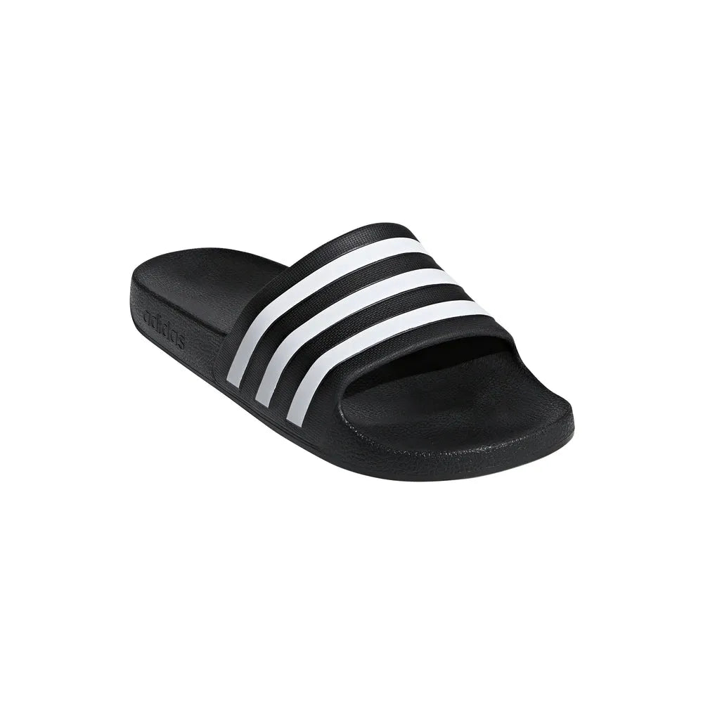 Black Adidas Adilette Aqua Slides with sporty design, perfect for casual wear and water activities.