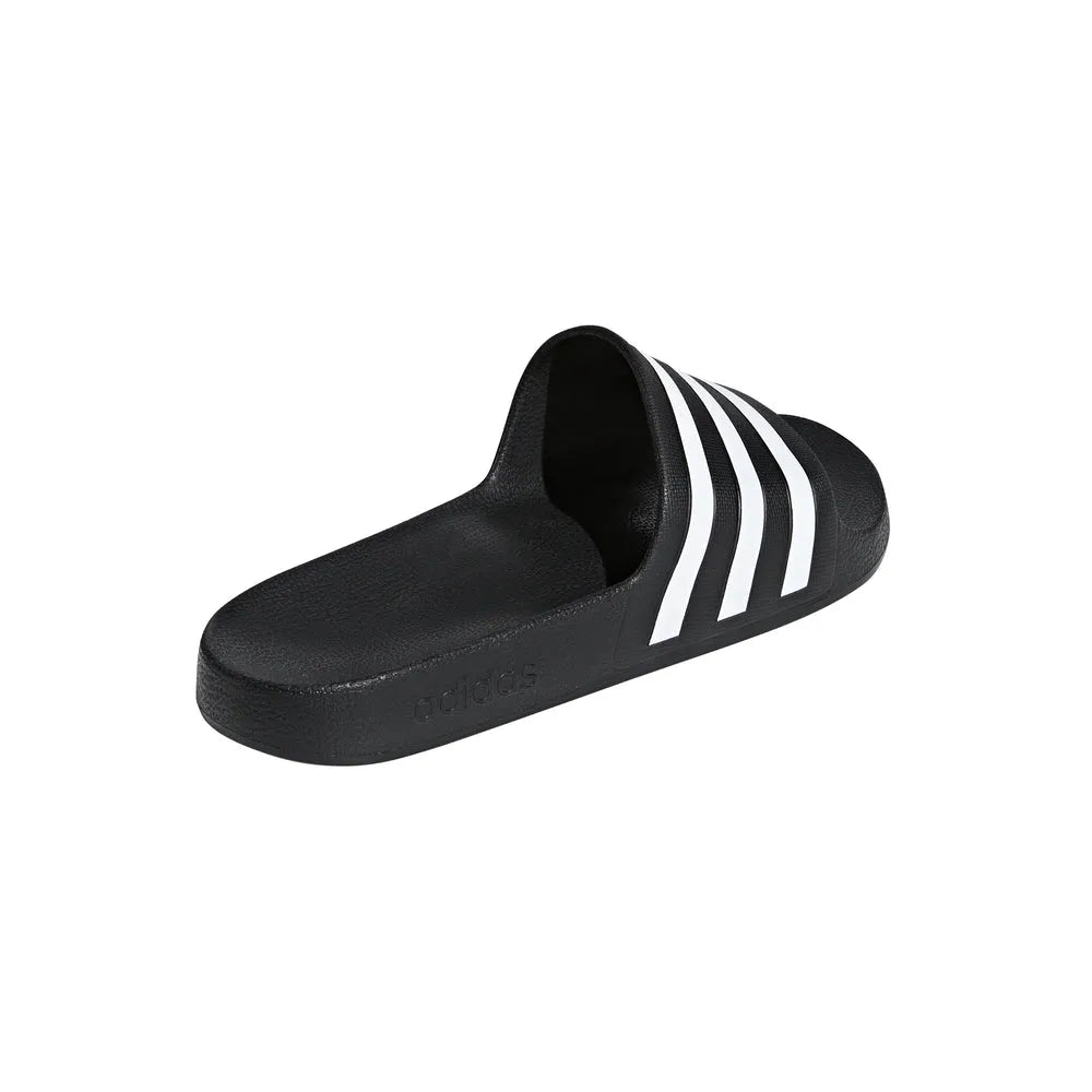 Black Adidas Adilette Aqua Slides with sporty design, featuring cushioned soles and open-toe style for comfortable summer wear.