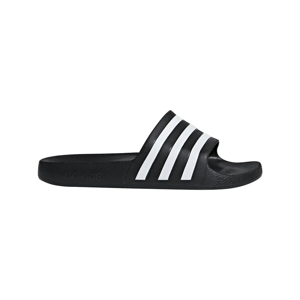Black Adidas Adilette Aqua Slides on a white background, showcasing sporty slip-on design for casual or water activities.