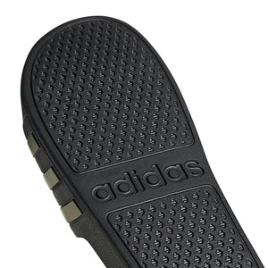 Black and gold Adidas Adilette Aqua Slides with sporty design, featuring adjustable straps and cushioned soles for comfort.