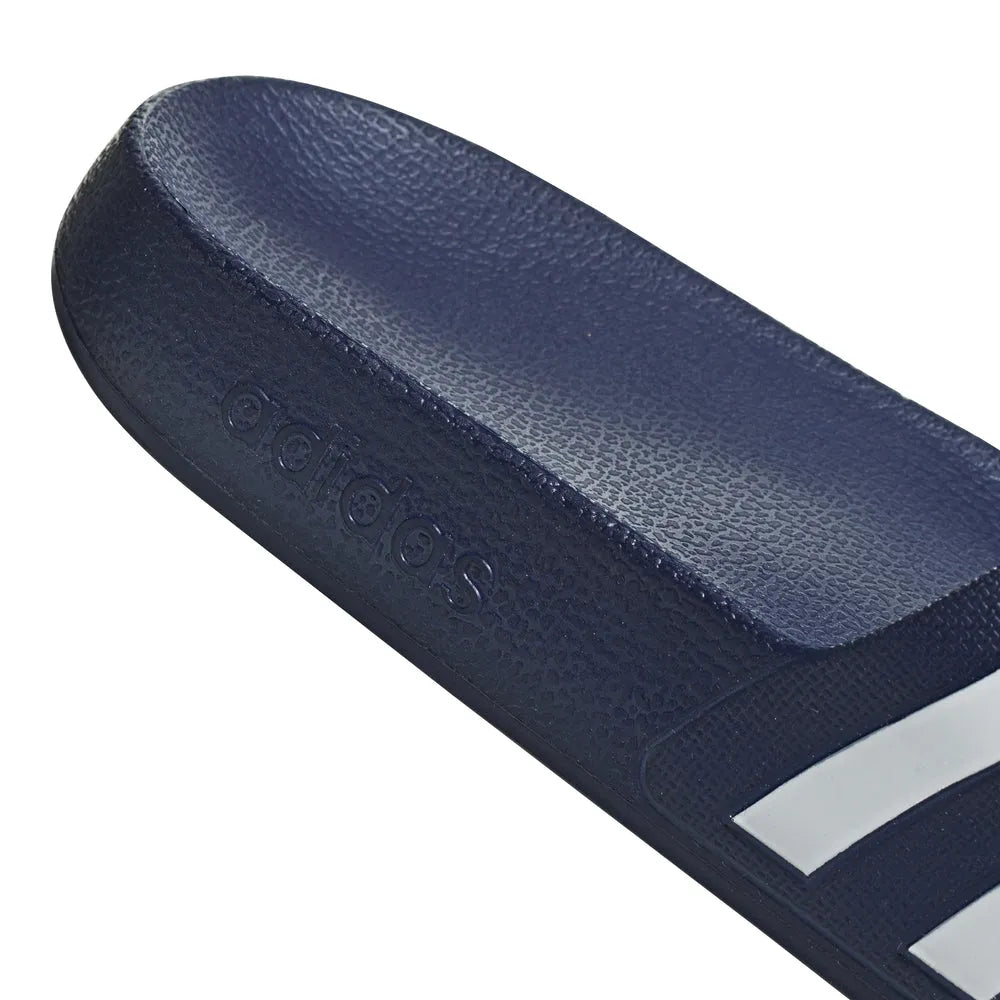 Adidas Adilette Aqua Slides in navy blue with white logo, casual slip-on footwear for beach or pool activities.