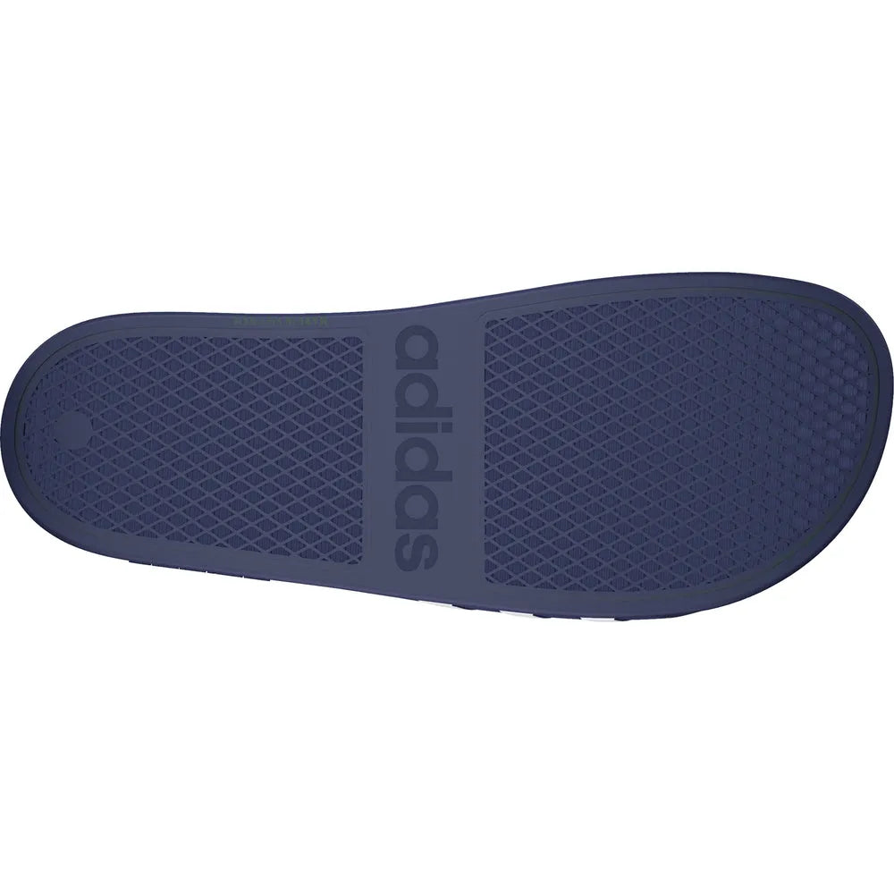 Adidas Adilette Aqua Slides in navy blue with sports socks, featuring open-toe design and adjustable strap for casual wear.