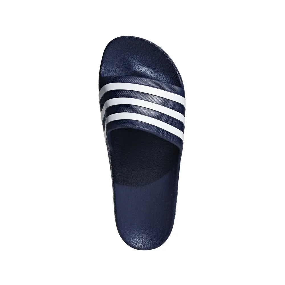 Adidas Adilette Aqua slides in navy blue with white logo, designed for comfort and casual wear, featuring textured sole and wide straps.